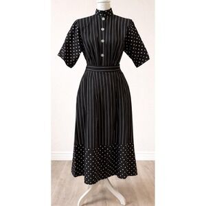 Vintage 70s-80s 2 Pc Black White Polka Dot Stripe Top Skirt Set Cotton